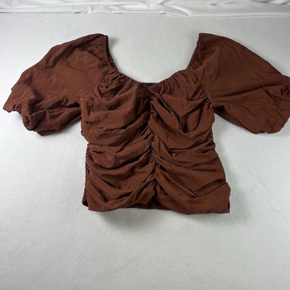 GAP Women's Brown Solid Round Neck Puff Sleeve Cropped Ruched Blouse, M